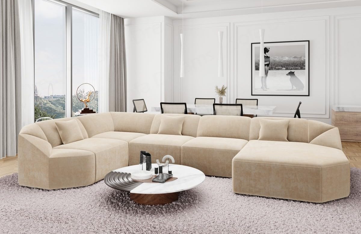 Wohnlandschaft Cabrera U Form Stoffsofa Sofa in Samt Designersofa Sun Velvet (Beige, Ottomane rechts) Küche, Haushalt & Wohnen