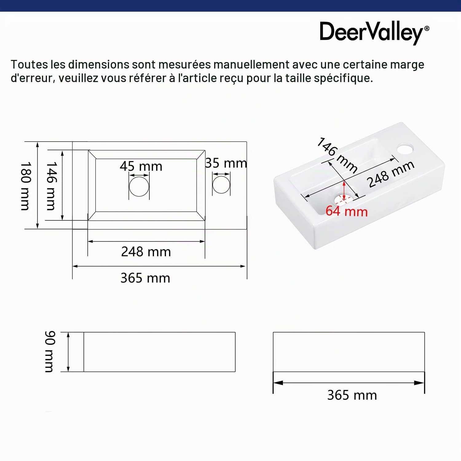 DeerValley DV-1V081R Lavabo suspendu en céramique pour salle de bain, rectangulaire blanc (A droite)