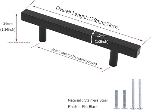 Miniatura 2 de Peaha PHJ22BK - Manijas para cajones de alacenas, color negro, barra cuadrada en forma de T Perillas para muebles de acero inoxidable paquete de 5