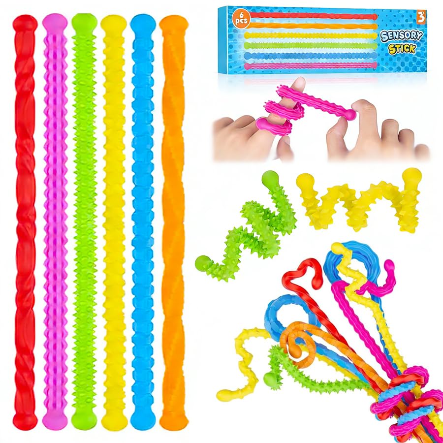 Image of 6 Pack Sensory Stick, Textured Silicone Sensory Toys, for Calming, Stress, Anxiety, ADHD & AutismAutism Kids Anxiety Relief for Activities Essential Calm Down Travel Toy for Kids 3+ & Adults