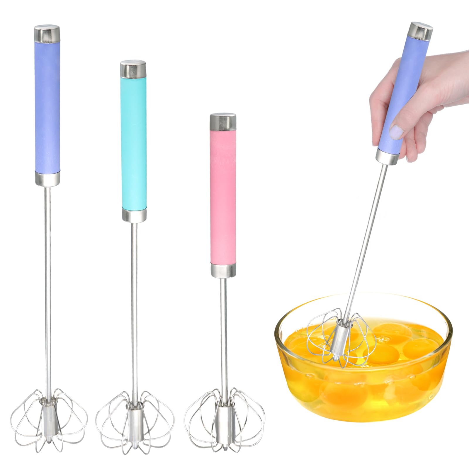 3 Pack Semi-Automatic Egg Beaters, 10in, 12in, 14in Push Whisk, Stainless Steel Whisk, Easy to Clean for Baking, Whisking, Stirring, Butter, Milk Frothing, Home & Kitchen Cooking (Pink, Blue, Purple)
