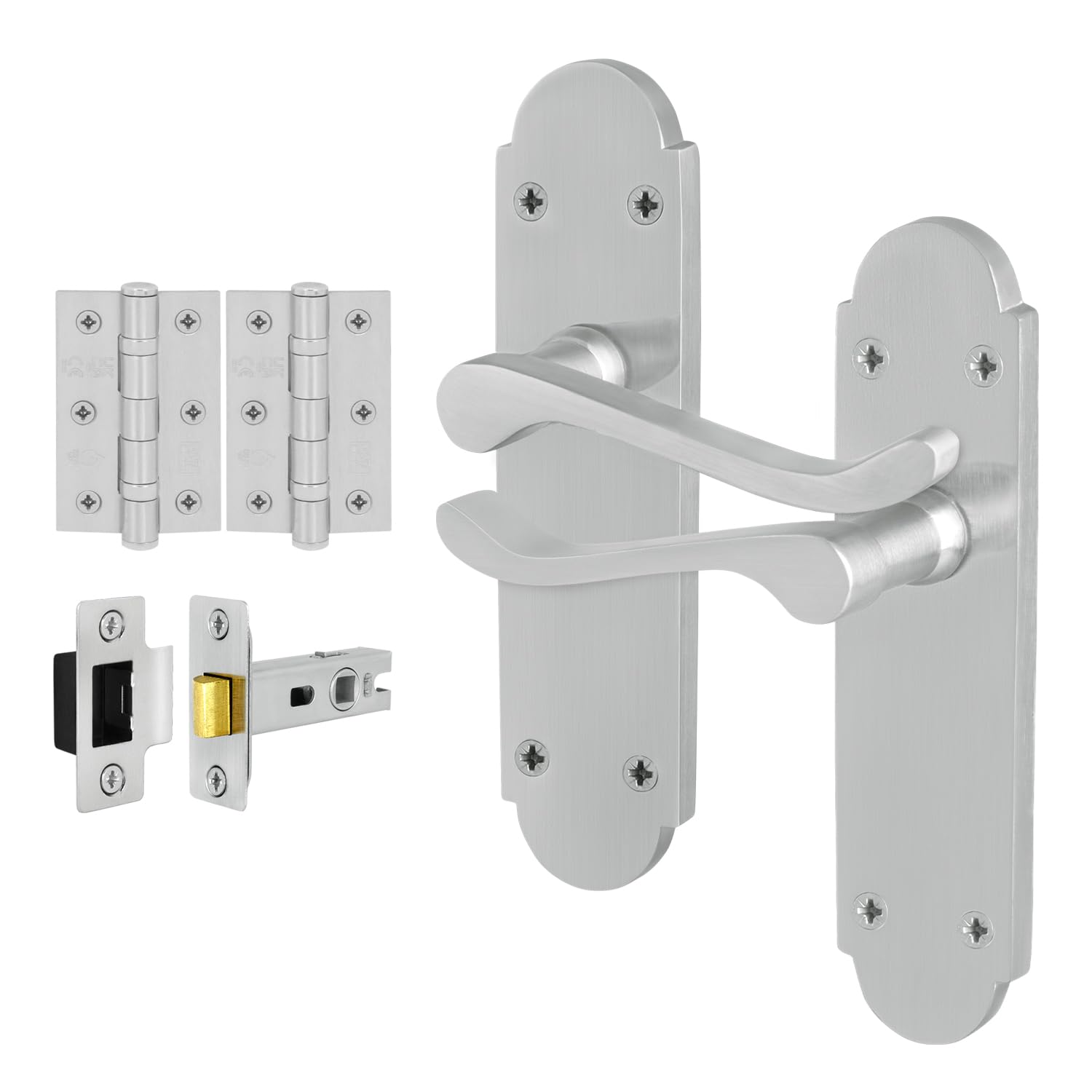 EAI Satin Chrome Door Handles with Latch 64mm and Hinges - Victorian Scroll
