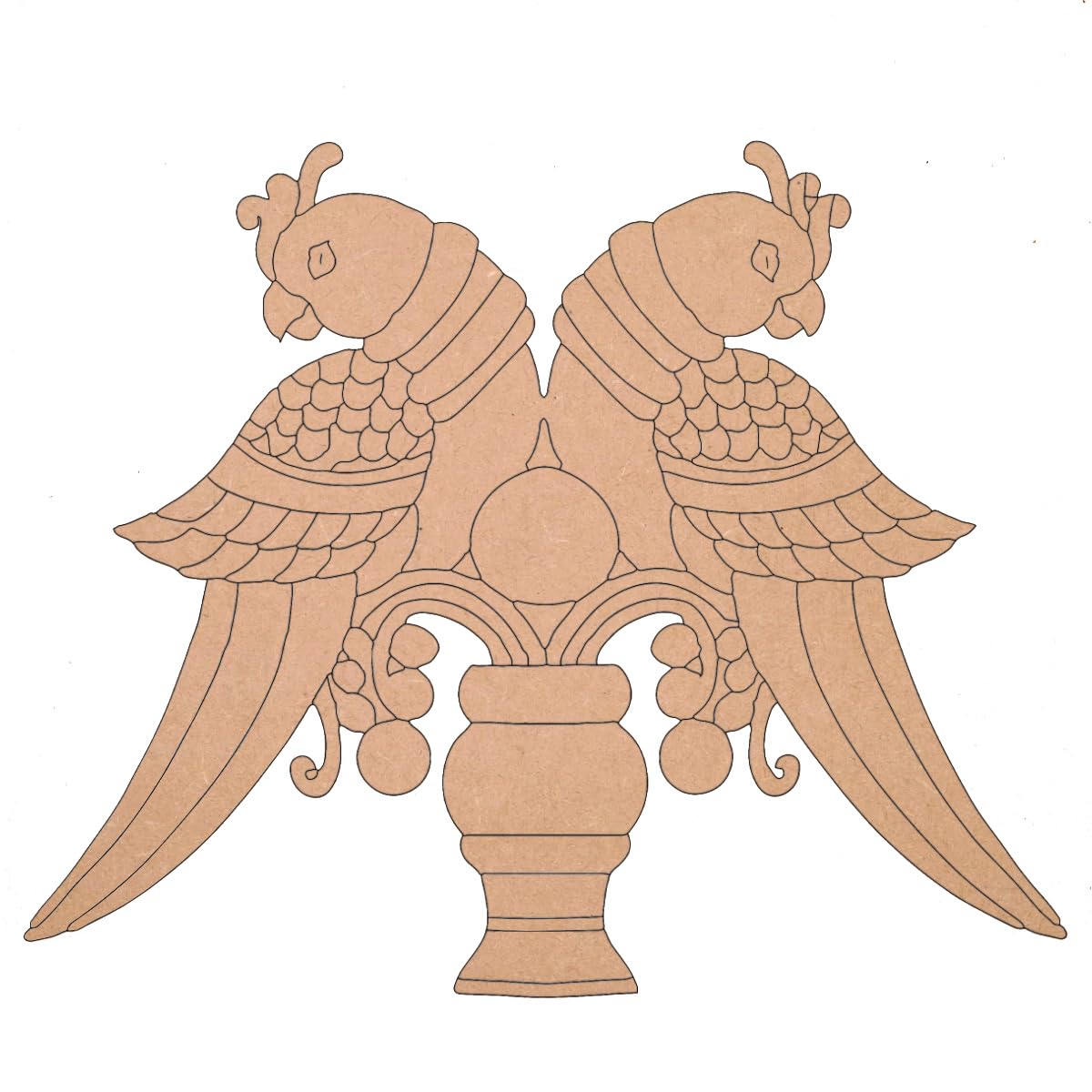 Pre Marked MDF Boards Pair of Parrot with Jharokha & Hanging Hook, Engraved Design & Square Shaped Base Cutout for DIY Craft, Lippan Art, Painting (12"x 9" Inch)-image-25