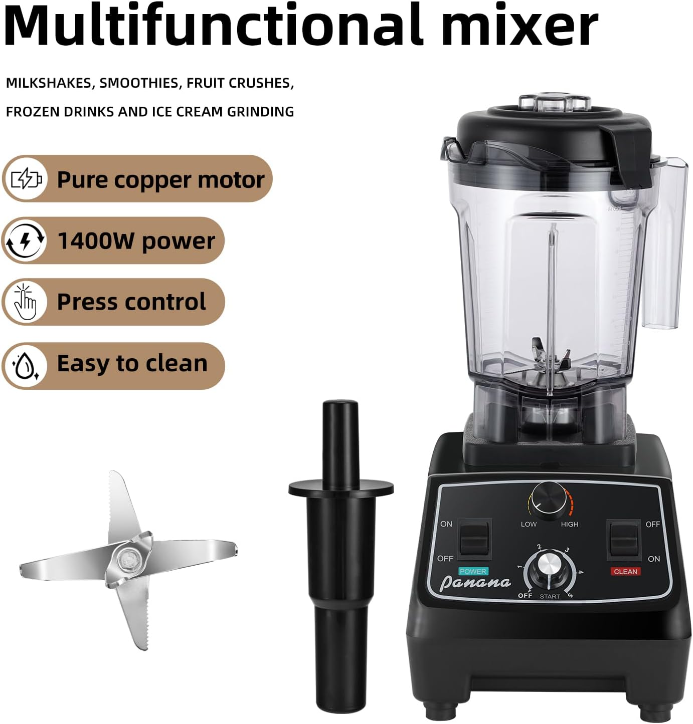 Panana Professional Countertop Blender, 1400W for Shakes and Smoothies, Home & Commercial With Timer and Speed Control, 68oz BPA-Free, Dishwasher Safe