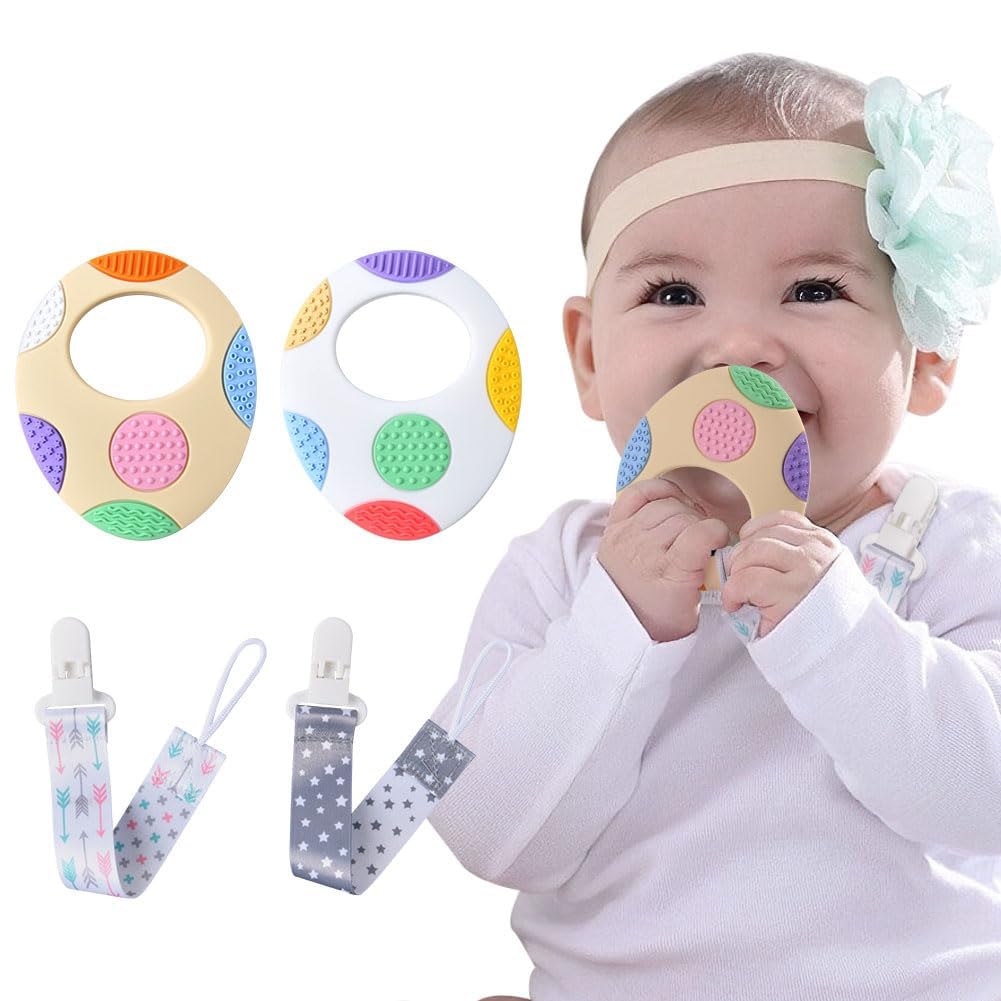 OSDUE Baby Teething Toy, 2 Packs Silicone Teething Mitten for Babies Over 3 Months Anti Dropping Wrist Hand Teethers Baby Chew Toys for Sucking Needs and Soothe Babies Sore Gums, BPA Free