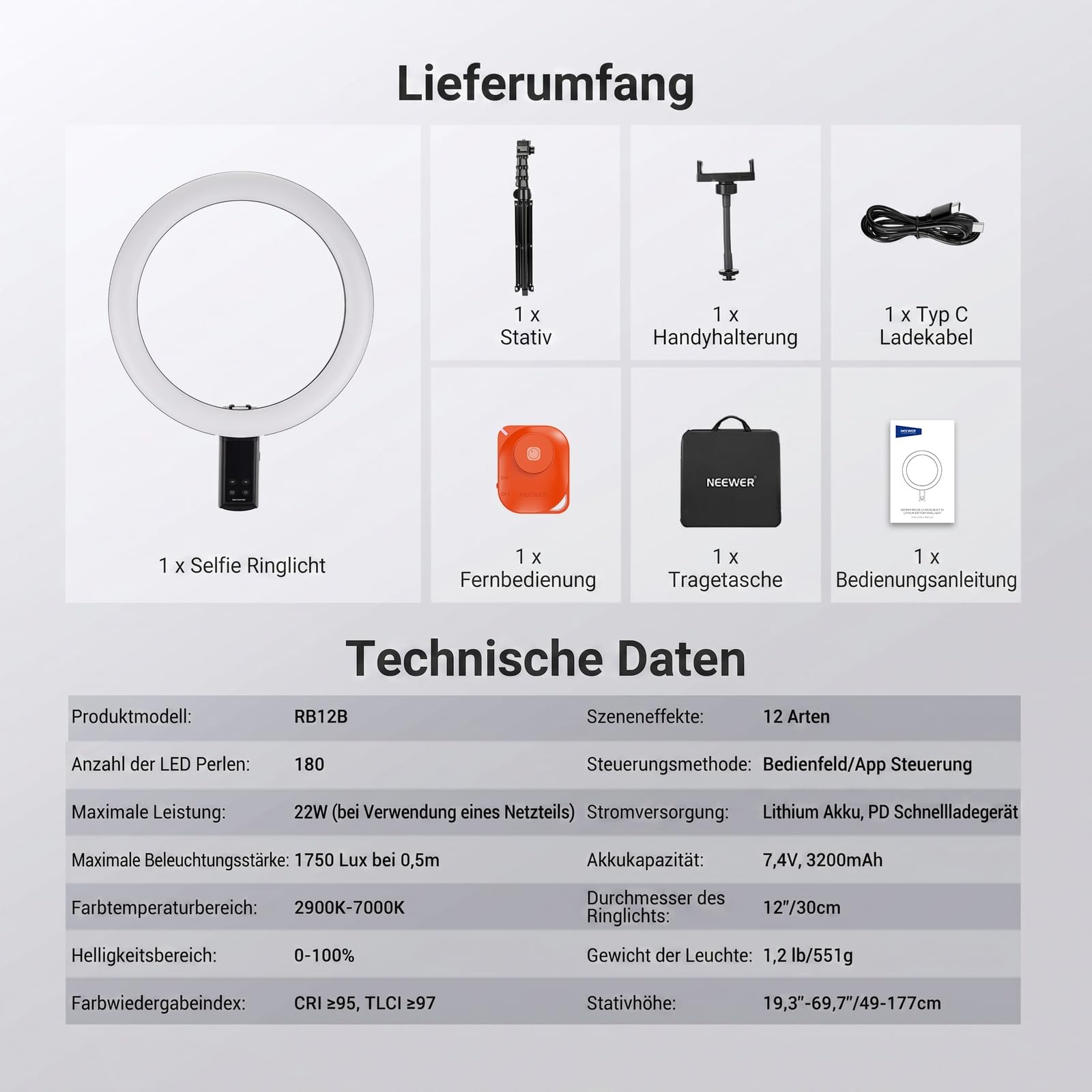 NEEWER 12" Selfie Ringlicht mit App Steuerung/Fernbedienung/Stativ, 3200mAh, zweifarbige LED, CRI 95, 2900K–7000K, Ring Light kreisförmige Leuchte, kompatibel mit iPhone, Vlog, Makeup, Studio, RB12B