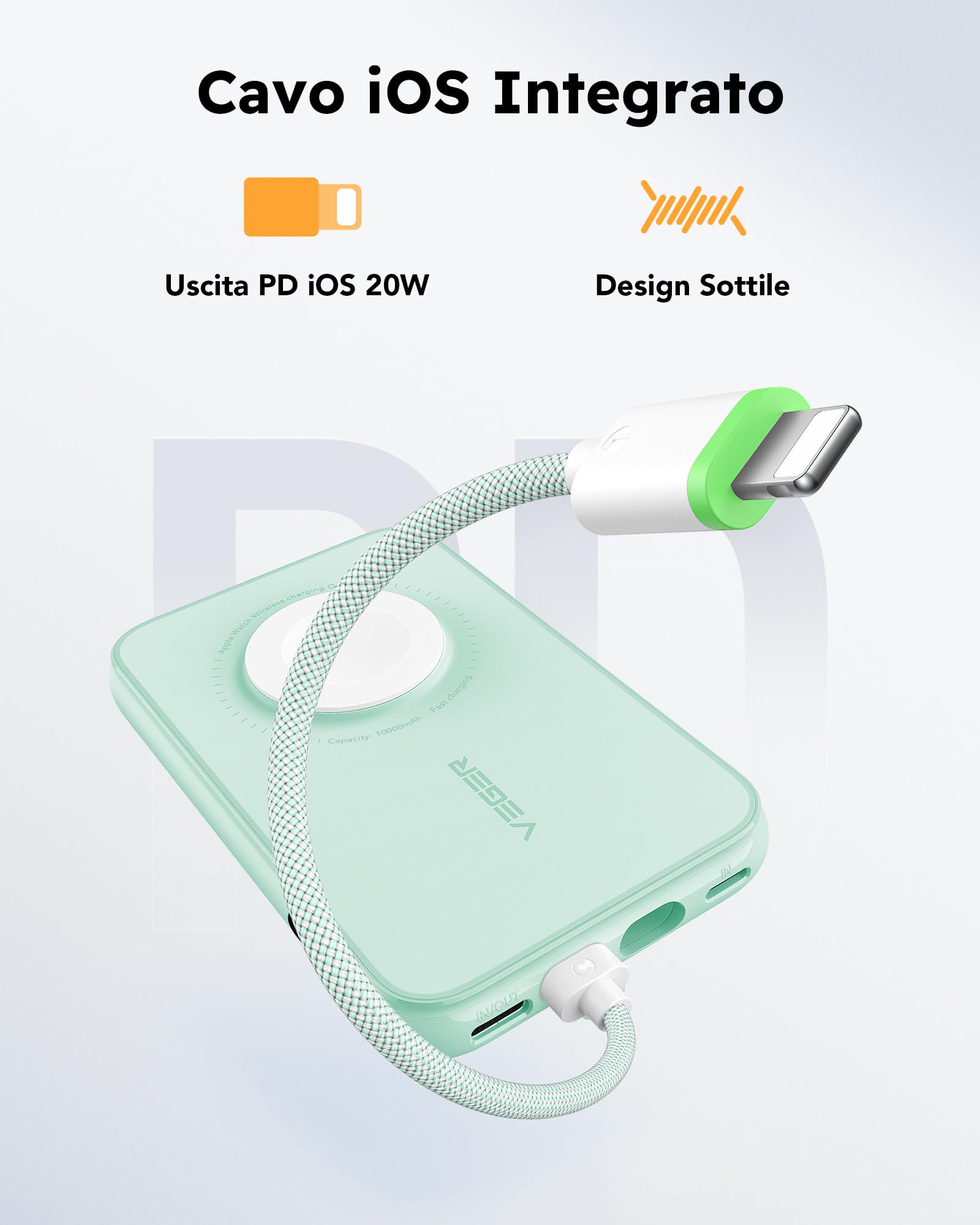 VEGER Power Bank 10000mAh con Cavi Integrati compatibile con iPhone Apple Watch, 20W PD Ricarica Rapida Mini Powerbank USB C Batteria Esterna 4 Ingressi e 3 Uscite con LED Display