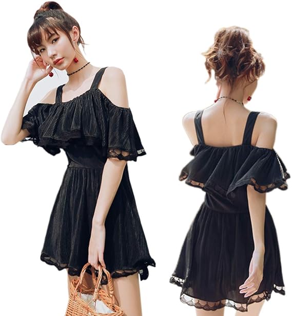 Amazon タンキニ 水着 レディース フレアトップ ワンピース 背中がセクシー 可愛いゆったりふんわりデザイン Xl Xxl 3xl 大きいサイズ 体型を隠すカバーアップ水着 ショートパンツ内蔵 スカート スタイルアップ ビーチ プール 大きめ ビッグサイズ ブラック L