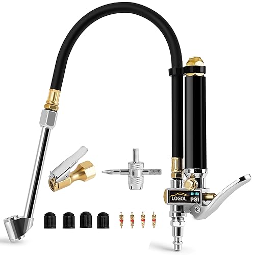 LOGOL Inflador de neumáticos con manómetro (10-120 PSI). Calibrado a ANSI B40.1 grado B.wbloqueo de manguera de goma en portabrocas de aire y