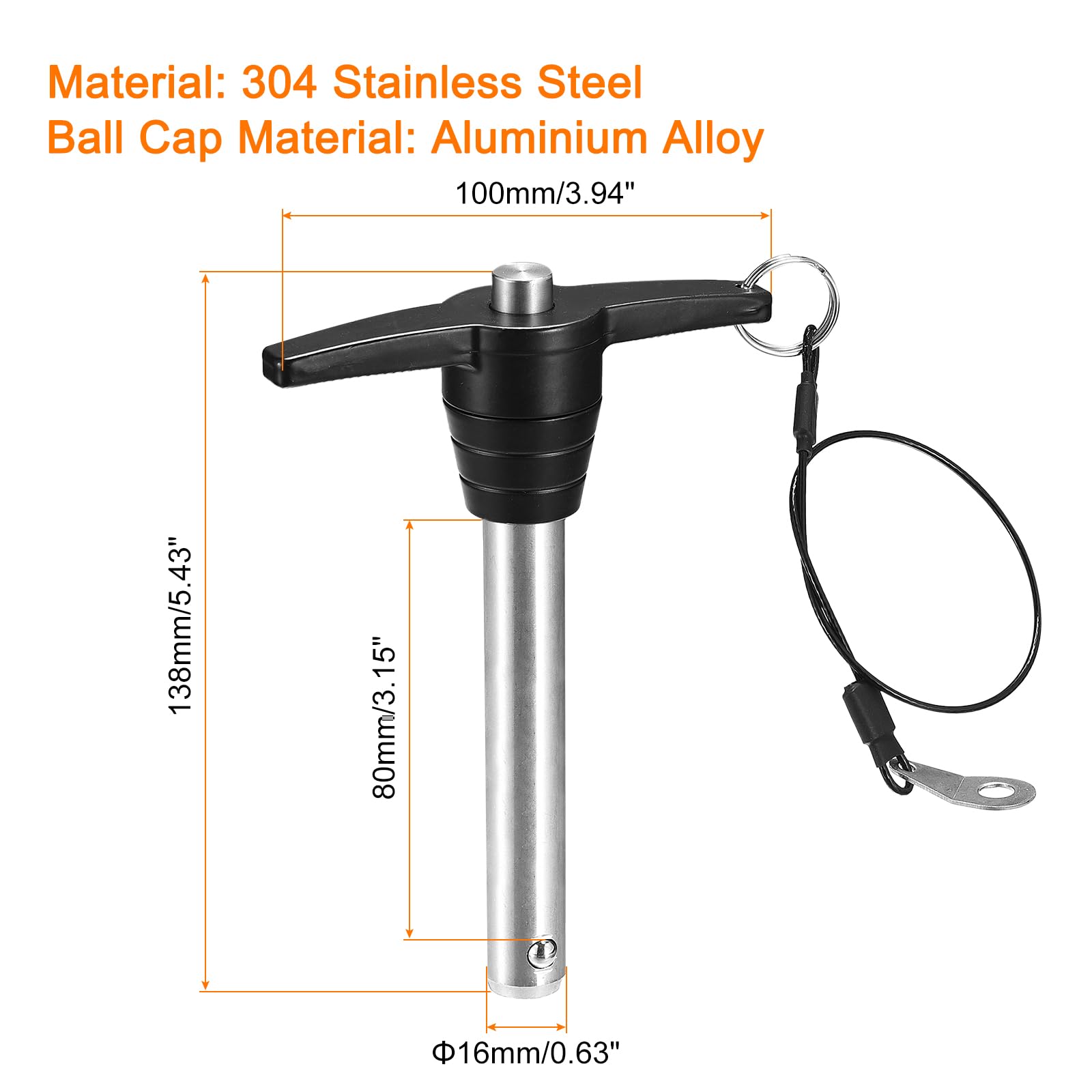 QUARKZMAN Spille di Bloccaggio a Maniglia T, Diametro Perno 5/8", Lunghezza Utilizzo 3-5/32" Perno Rilascio Rapido in Acciaio Inossidabile con Cavo Sicurezza (16mm-80mm)