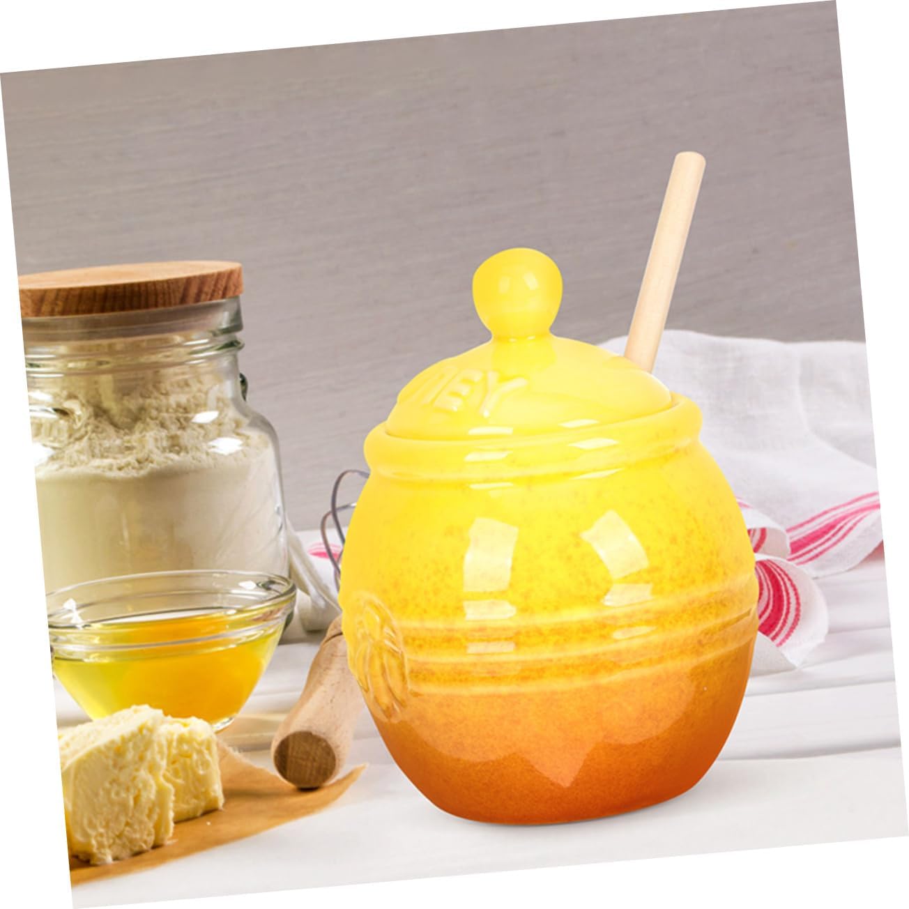 PRETYZOOM 2 Set Ceramic Honey Pot with Lid and Stirring Rod Vintage Design Honey Storage Jar Practical Kitchen Canister for Syrup