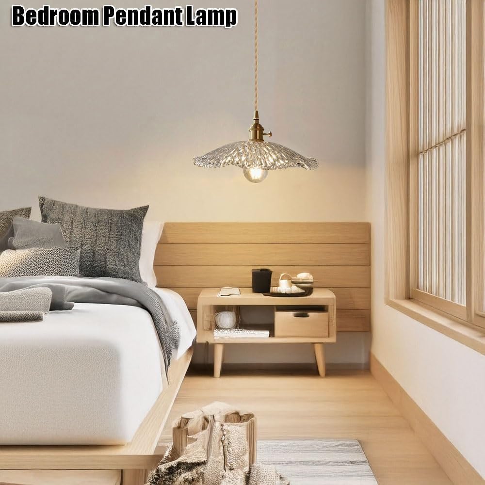 Nordic Style Ruffled Pleated Clear Glass Pendant Light, E27 Brass Finish Adjustable Hanging Lamps, Flower Petal LampShade Lighting Fixtures， for Kitchen Island Dining Room Bedside(25CM)