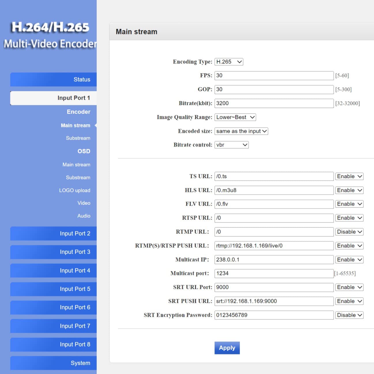 Screenshot of the encoder's web interface showing Input Port 1 Status