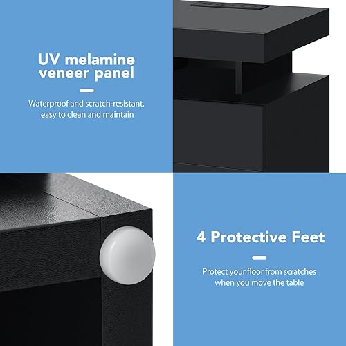 Miniatura 7 de HOMMPA Mesita de noche LED con estación de carga inalámbrica y puertos USB, moderna mesita de noche negra de 3 cajones con compartimento abierto,