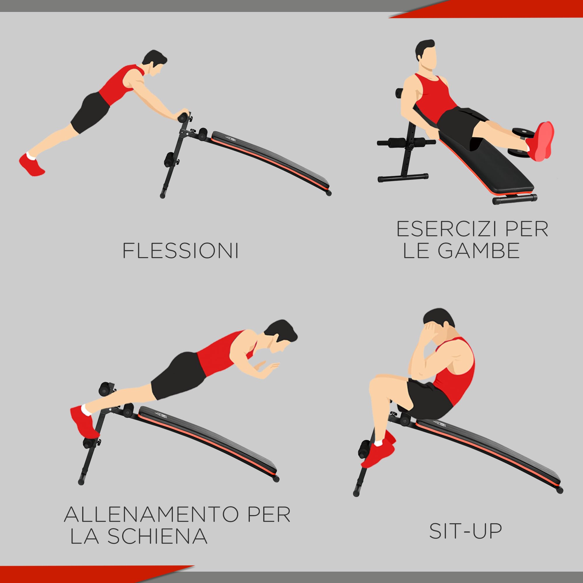 HOMCOM Panca per Addominali Pieghevole e Regolabile, Panca Pesi da Palestra Multifunzione con Schienale Imbottito, 47x139x51-69cm, Nero e Rosso