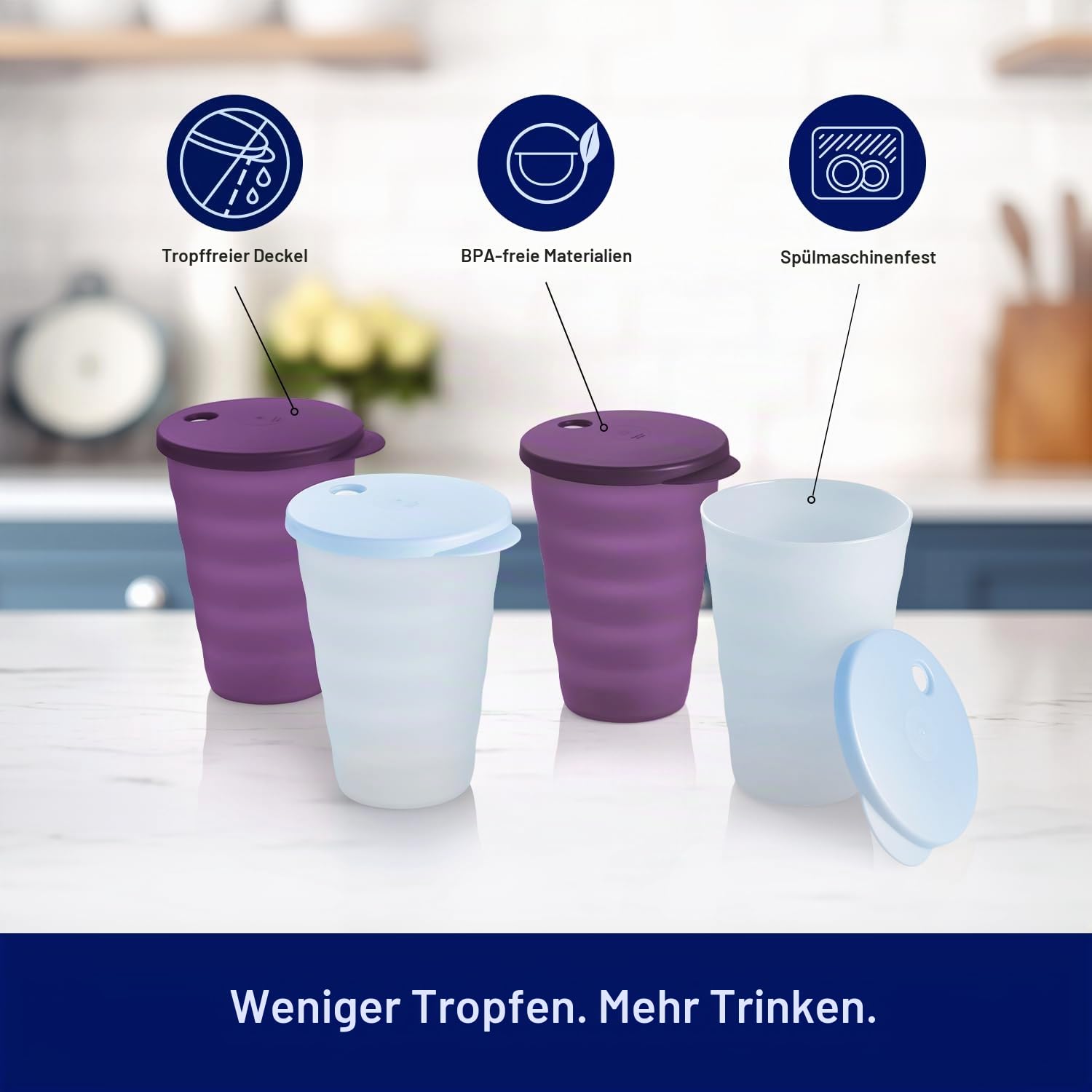 Tupperware Impressions Trinkbecher-Set in Blau und Lila, 4 Stück, spülmaschinenfest und BPA-frei (4 Trinkgläser, 4 Deckel, je 502 ml)