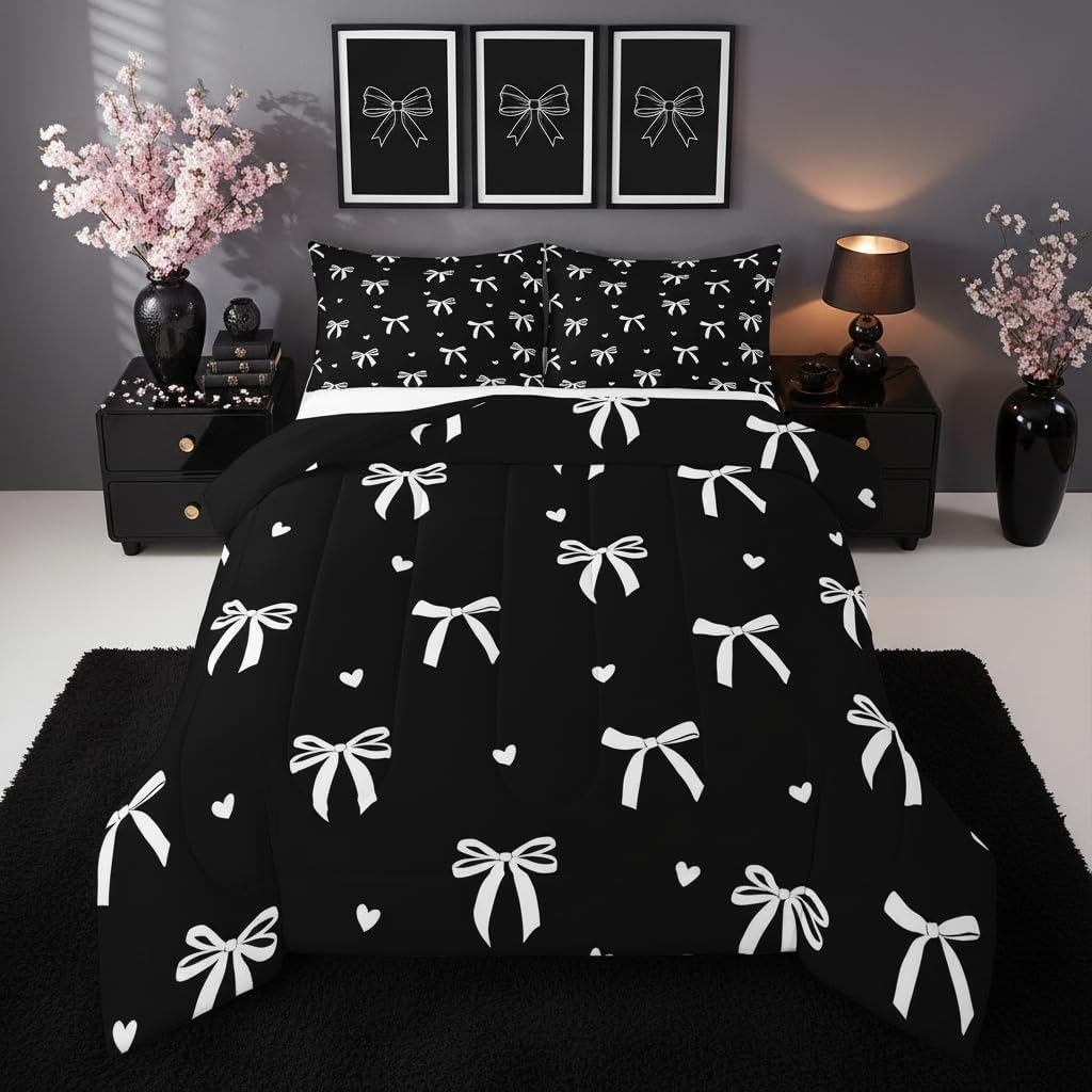 Feelyou Cute Bowknot Bedding Set Soft for Boys Girls, Coquette Bows Comforter Set Twin Size Black White Duvet Quilt Microfiber Bowknot Heart Bedroom Decor 2 Pcs with 1 Pillow Cases