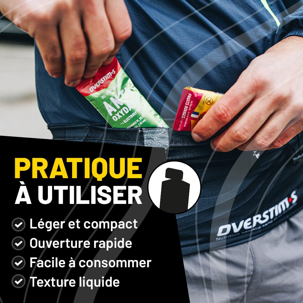 Overstim.s – Pack 10 gels - 4 gels Energix (Energie longue distance) - 3 gels Antioxydants (Limite les crampes) - 2 gels Coup de fouet (Energie instantanée) - 1 gel Red tonic (Efforts intenses)