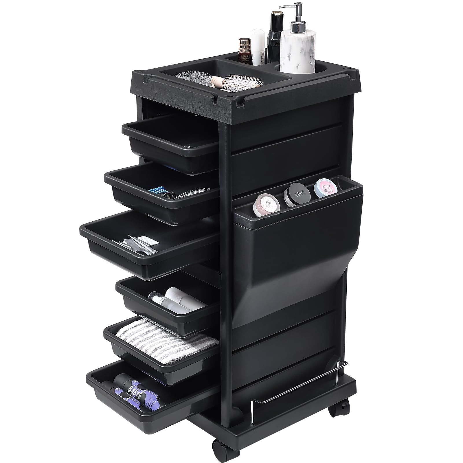 VEVOR Chariot organisateur de salon de coiffure, station sécurisée avec 6 plateaux amovibles et support d'appareils, chariot de barbier durable avec roulettes verrouillables