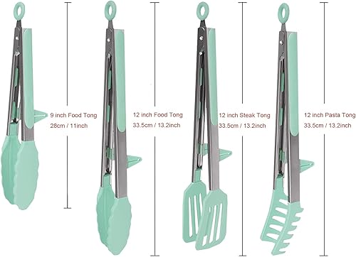 Miniatura 4 de Juego de 4 pinzas de cocina de silicona, antiadherentes de acero inoxidable con puntas de silicona sin BPA para servir pasta, espagueti, bistec,
