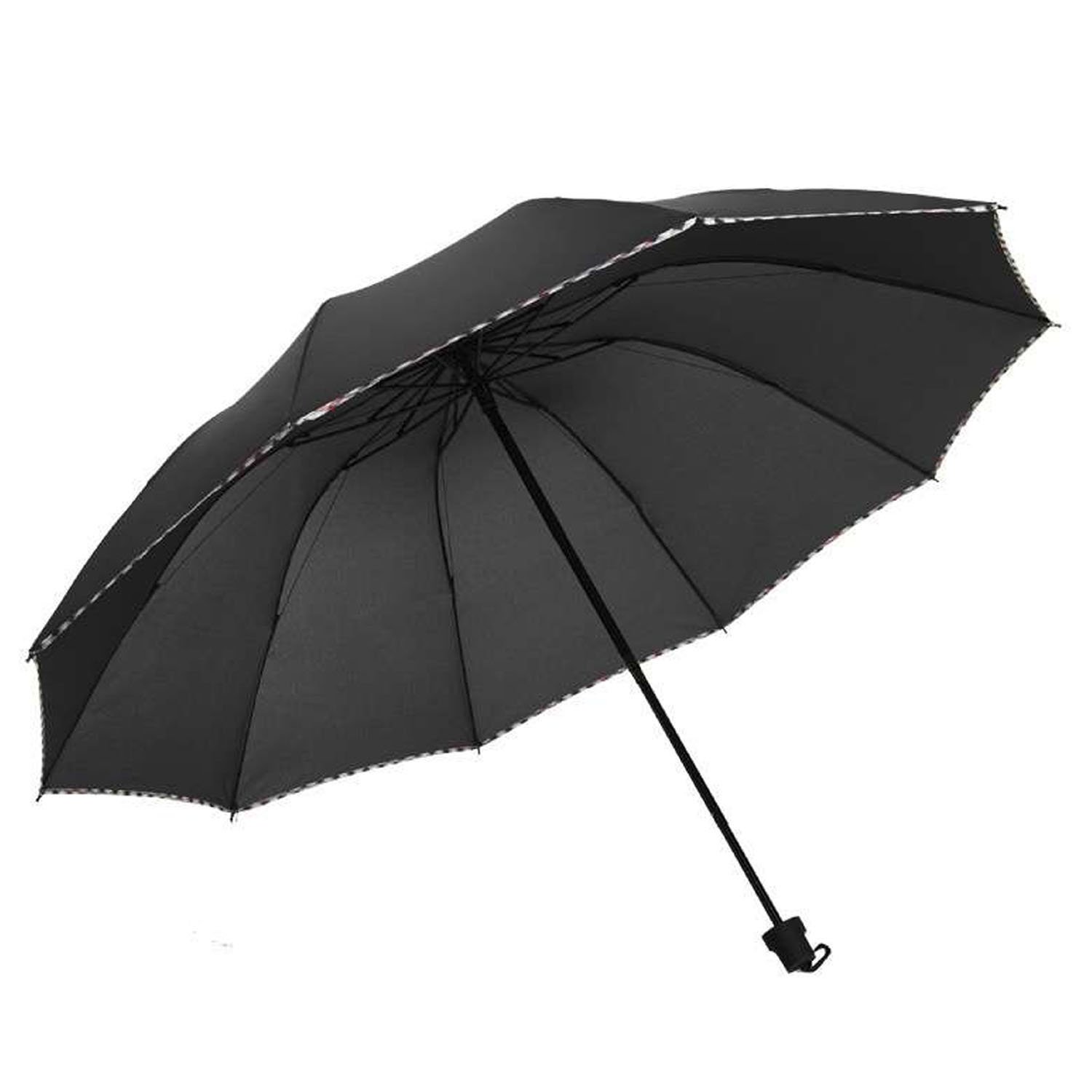 KEKEMI 3 Fold Plain Pipine Umbrella for Men & Women (Black)