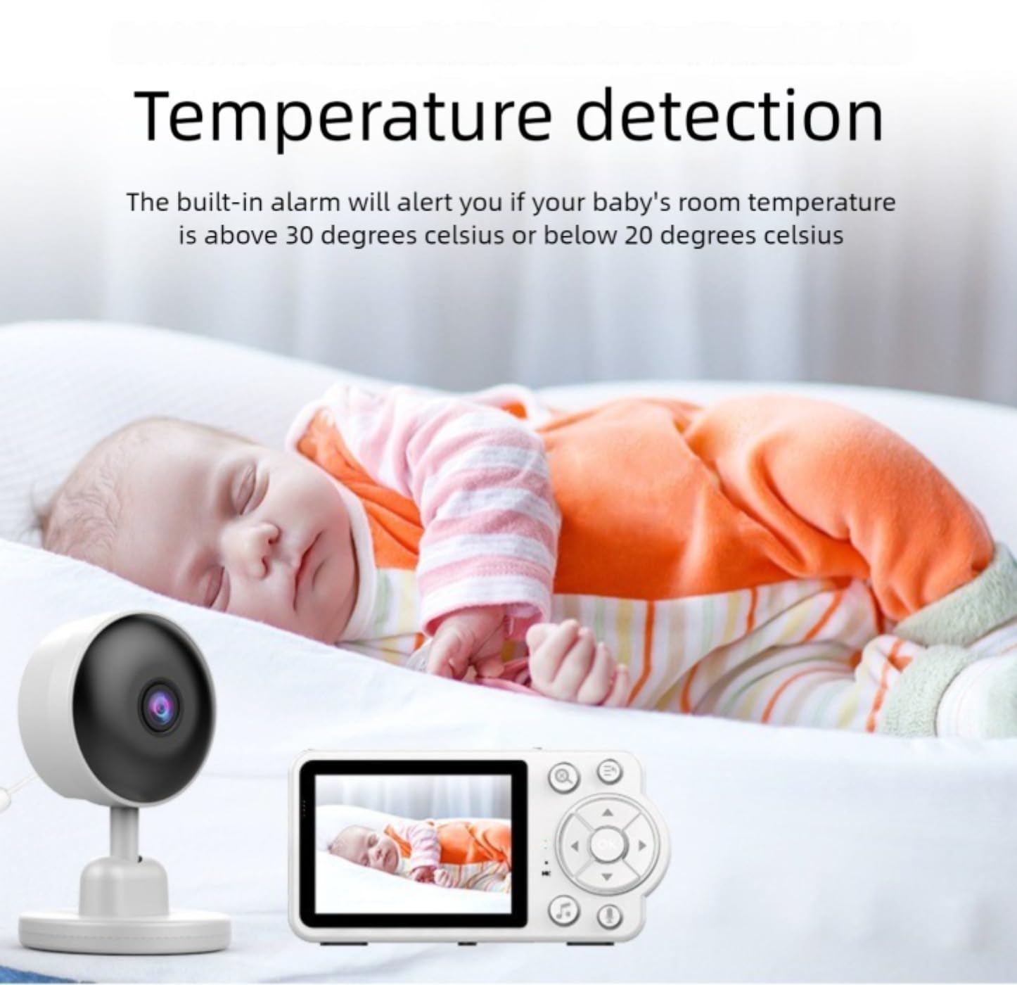 Baby monitor con fotocamera e audio, video HD 480p, zoom 4x, visione notturna e sensore di temperatura, wireless 2.4 G con ninne nanne, conversazione bidirezionale, bianco