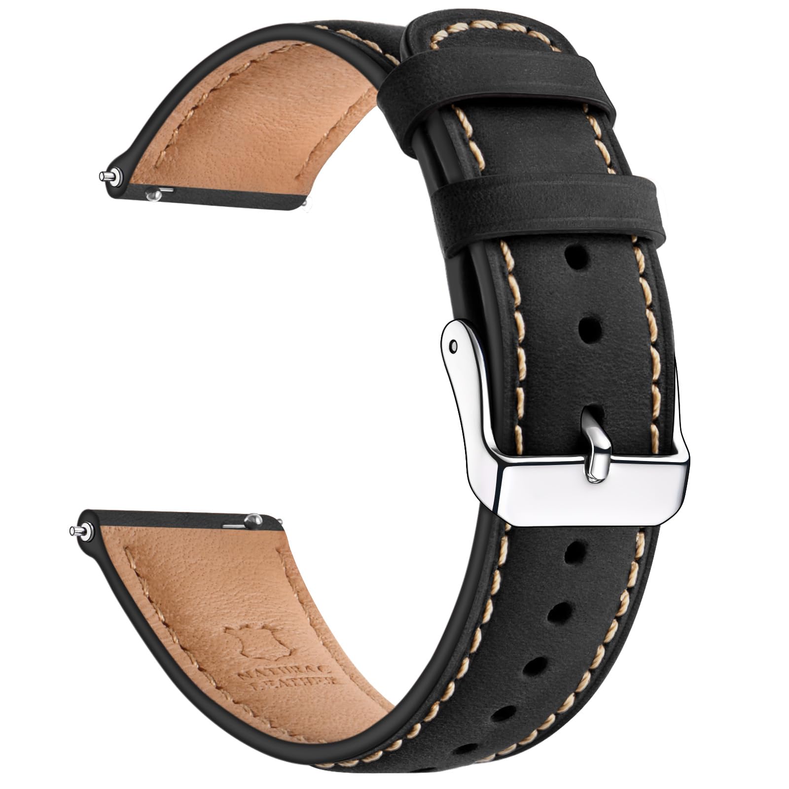 SUNFWR Quick Release Leather Watch Band 20mm for Men Women, Vintage Genuine Leather Strap for Samsung Galaxy Watch 6/Classic/Gear S3/Garmin/Huawei/Timex Watch Bands (20mm, Black/Silver)