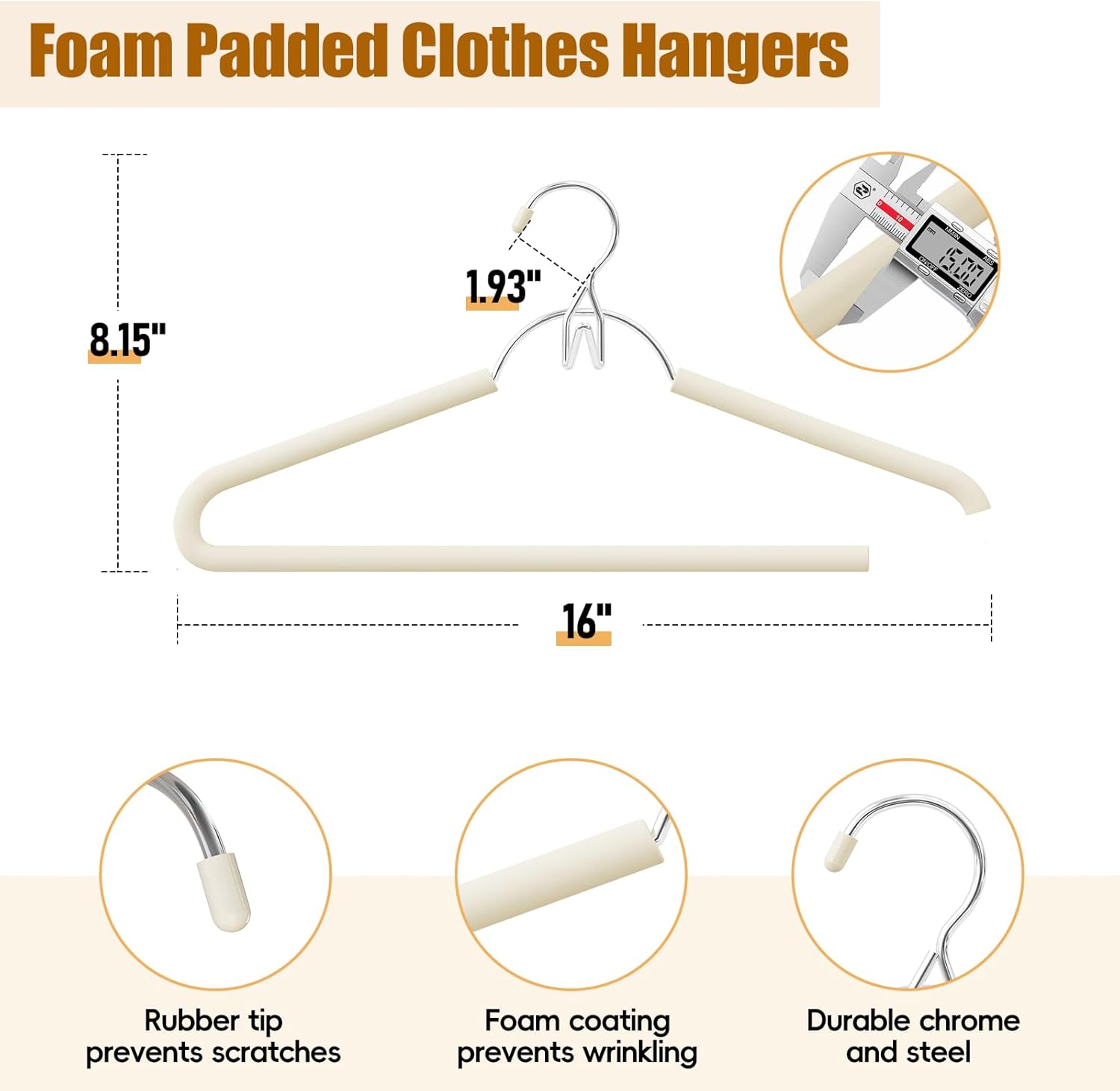 5 Pack Open Ended Pants Hangers with Non-Slip Foam Padding & V-Hook, 0.17” Heavy Duty Durable Metal, Durable Rust-Resistant & Space Saving Closet Organizer for Trouser, Coat, Camisoles, Beige