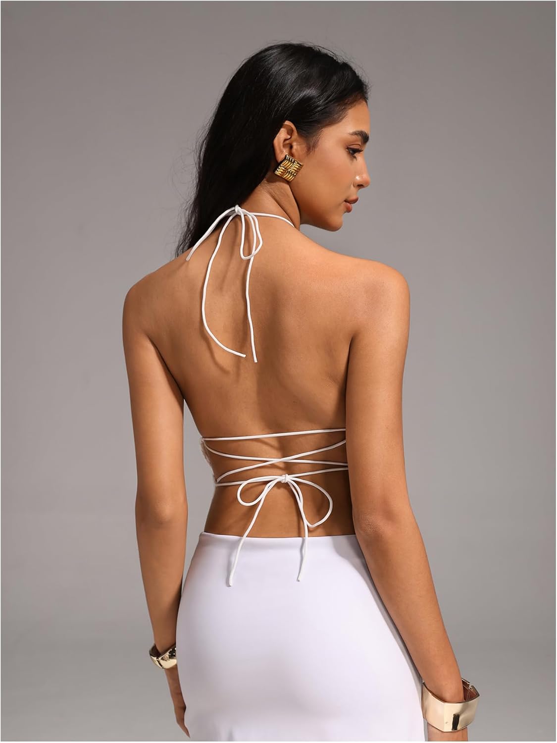 MakeMeChic Women's Summer Floral Tops Halter Crop Tops Tie Open Back Lace Up Sleeveless Tank - Image 2