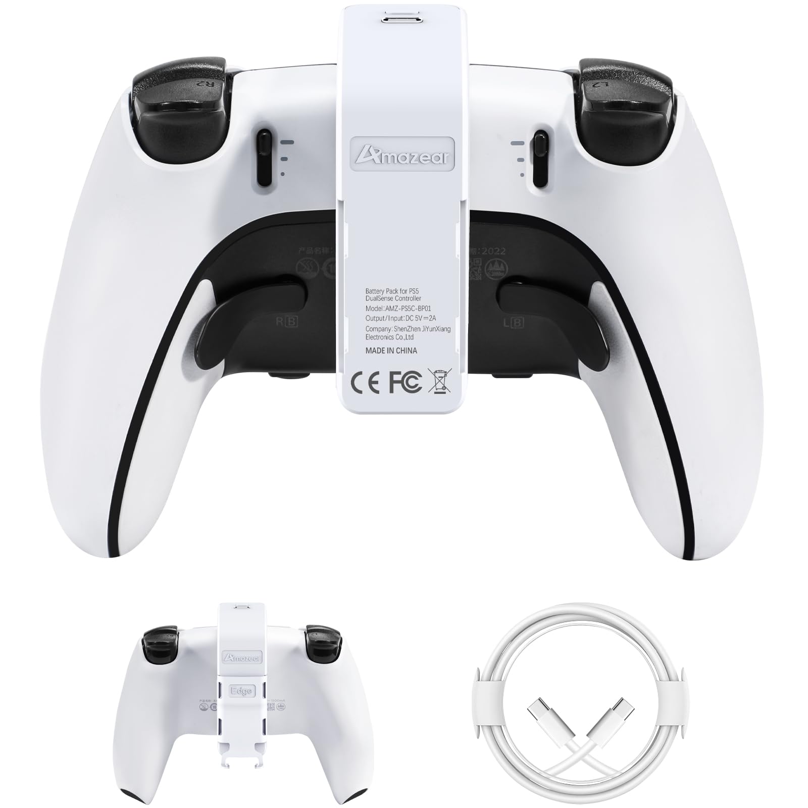 AMAZEAR Battery Pack Compatible with PlayStation 5 DualSense Controller, PS5 Accessories 3000mAh Fast Wireless Charger Portable Rechargeable Extra Gaming Life for Dual Sense and Edge, White