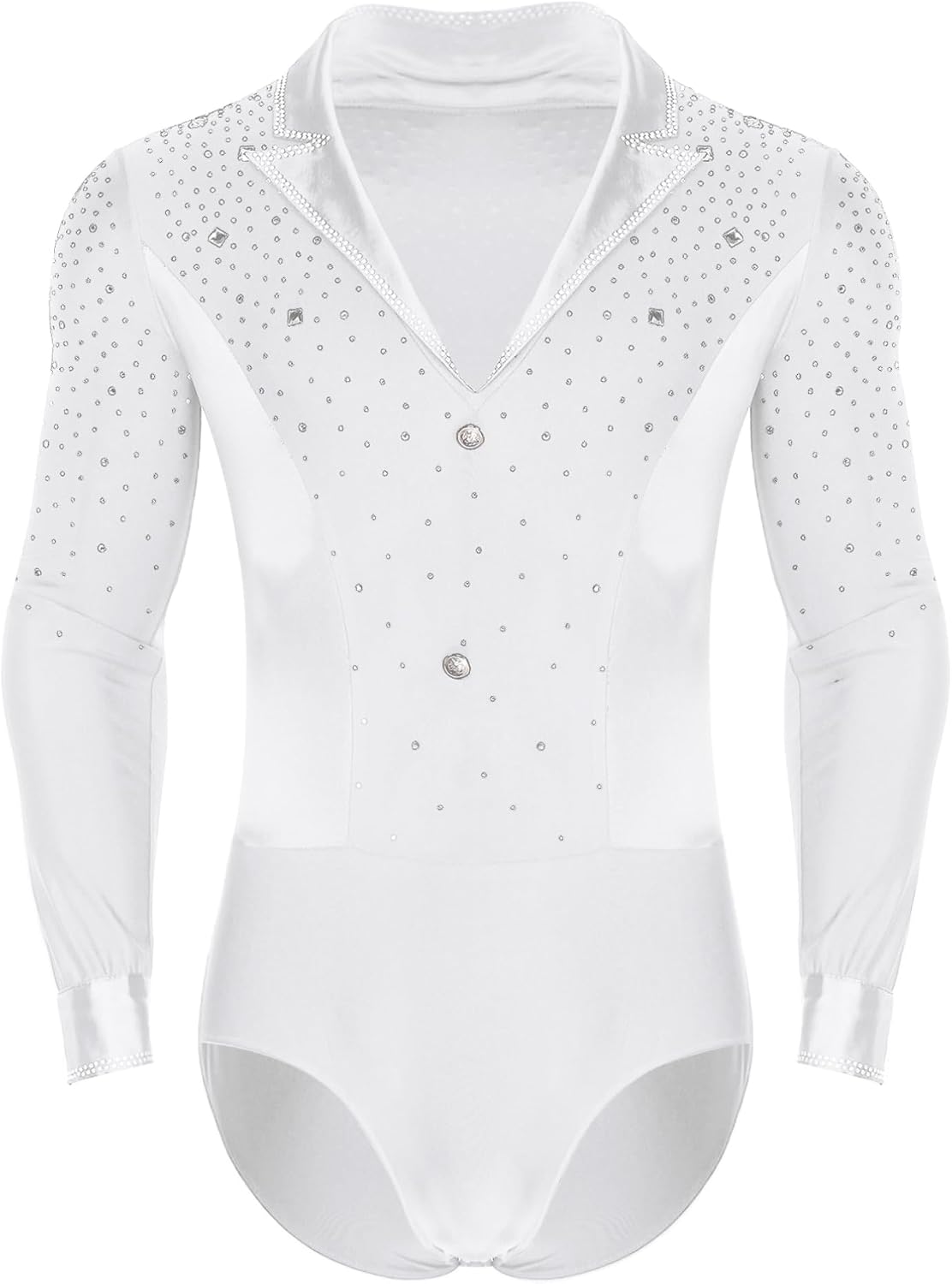 TiaoBug Men's Modern Ballroom Dance Costumes Rhinestone V Neck Long Sleeve Latin Tango Dance Bodysuit