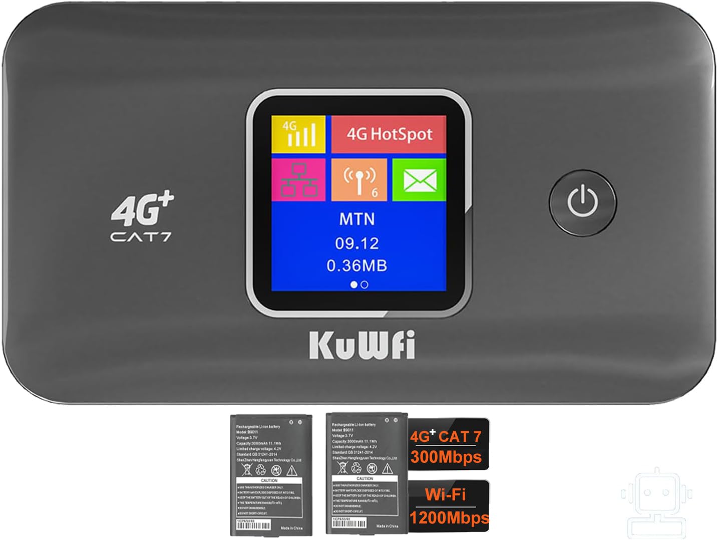 KuWFi Router WiFi 4G CAT7, 300Mbps, Dual Band, SIM, 3000mAh