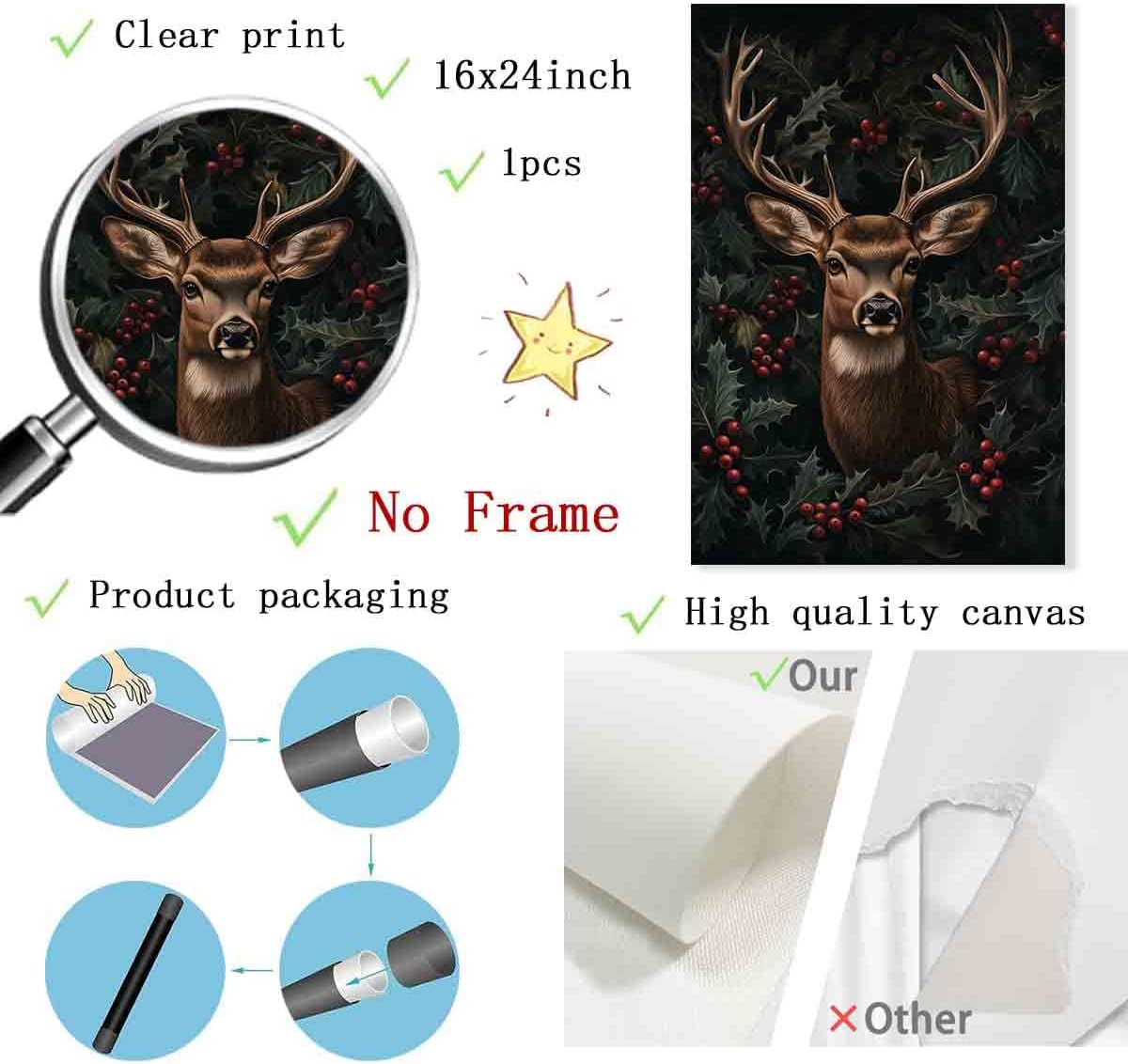 Vintage Deer Canvas Wall Art Vintage Animal Wall Art Country Deer Poster Retro Gothic Picture Gothic Botanical Piacture Wildlife Animal Pictures William Morris Art Prints Living Room Decor 16x24inch No Frame - Image 4