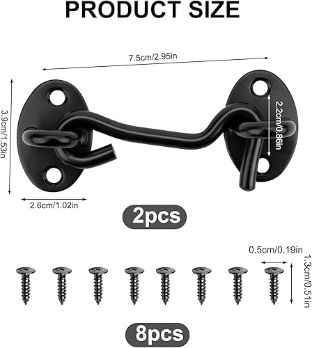 Miniatura 2 de Pestillo de gancho y ojo para puerta, paquete de 2 cerraduras de puerta de granero negro de 3 pulgadas, cerraduras de puerta de acero inoxidable