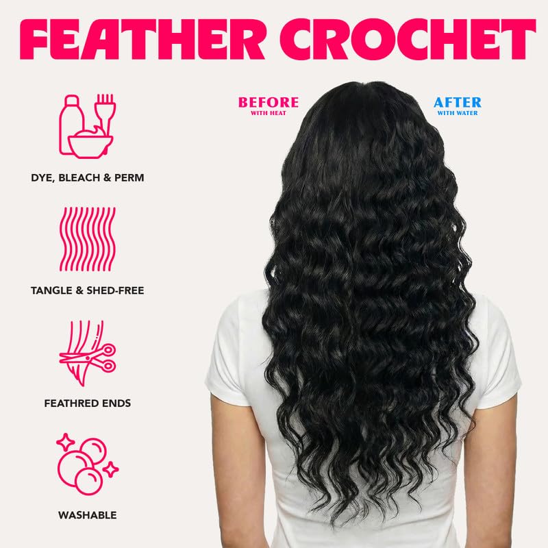100% Unprocessed Remy Human Hair Feather Crochet Extensions for Women – Reusable, Invisible Knotless Feather Hair - Wet & Wavy - Natural