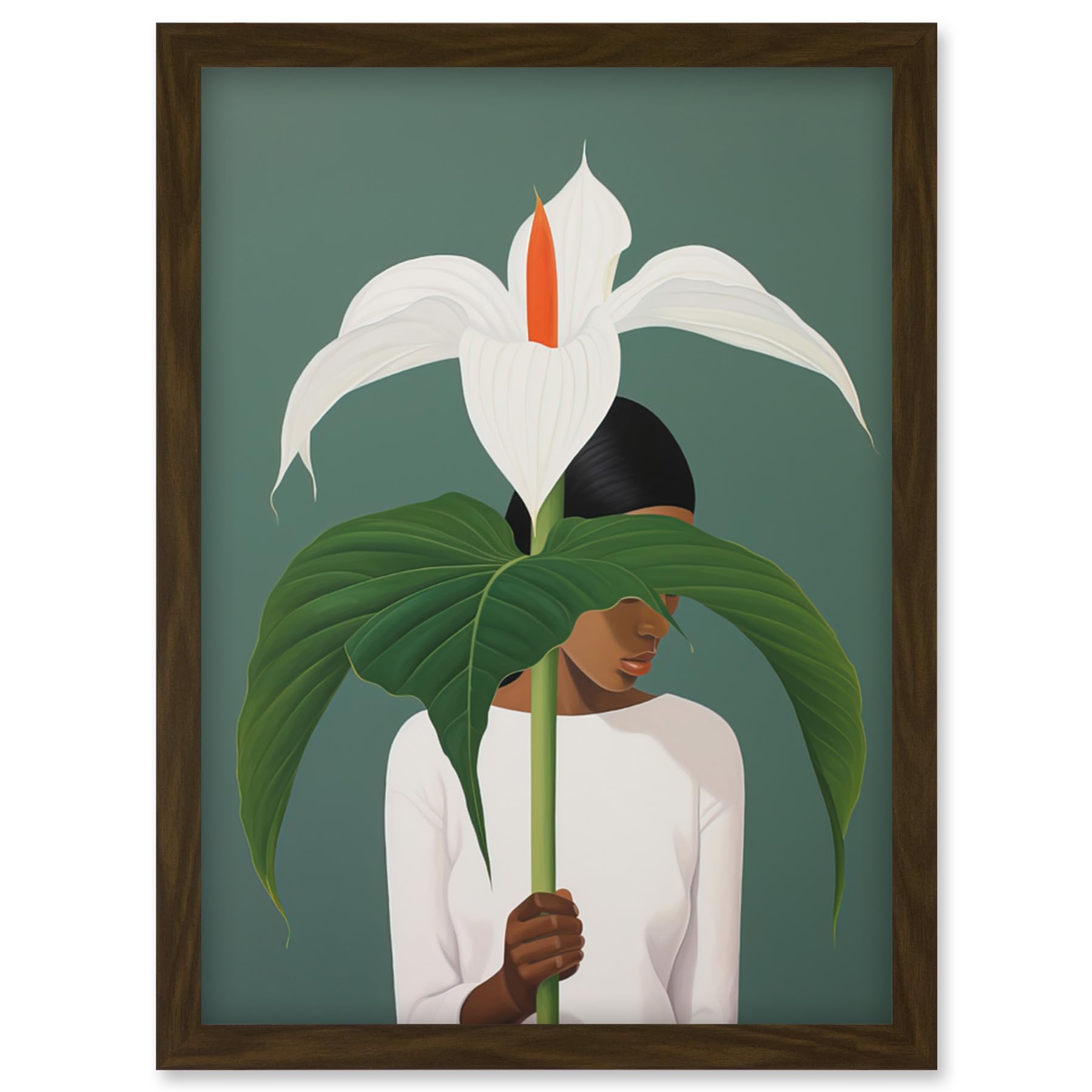 Artery8 Giant Peace Lily Showcase Realistic Oil Painting White Teal Green Woman with Flower Minimalist Artwork Framed Wall Art Print A4