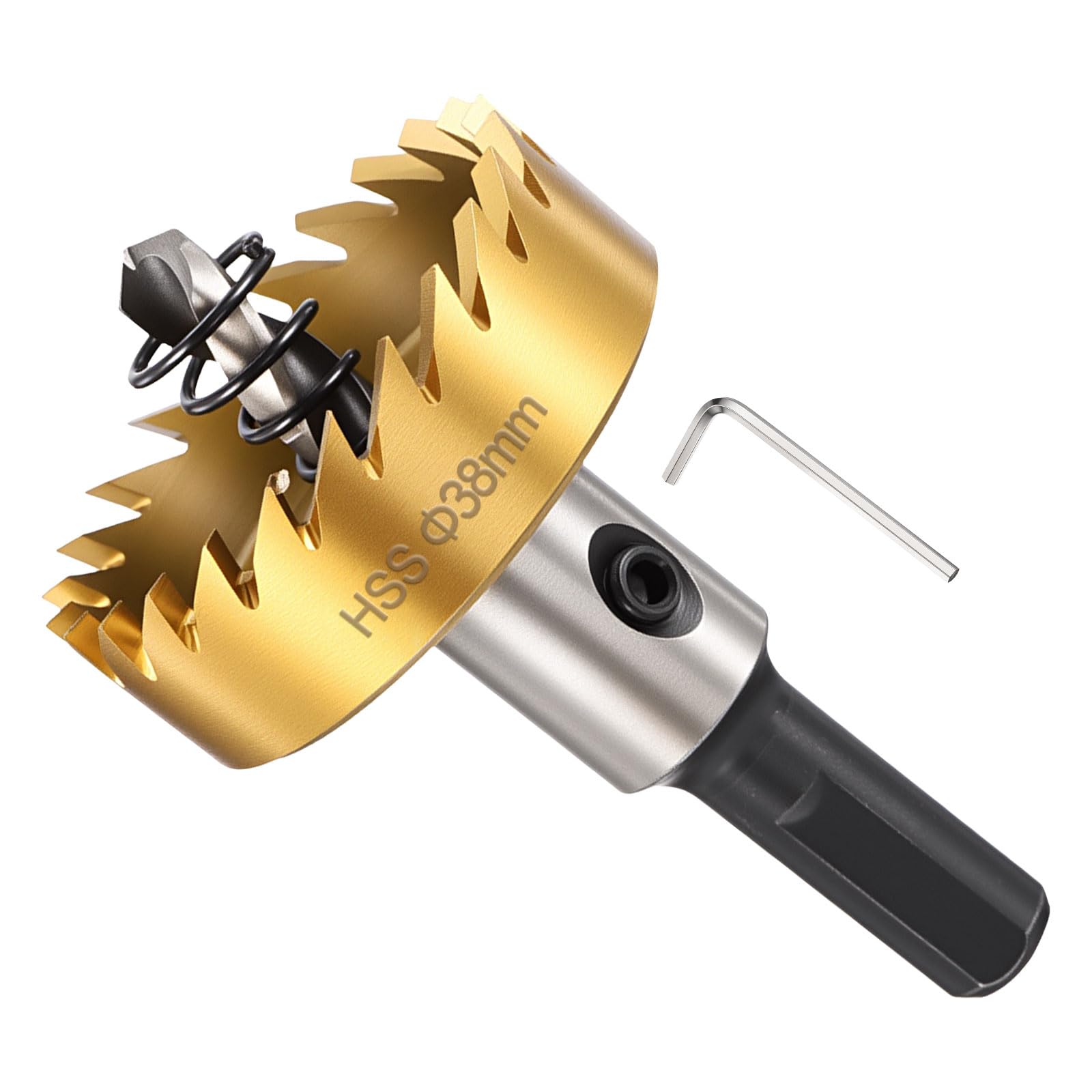 METALLIXITY Hole Saw 38mm (1-1/2"), 4341 High Speed Steel Hole Cutter with Center Drill Bit, Hex Key and Spring