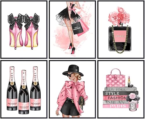 High Fashion Design Wall Decor - Glam Wall Decor - Designer Handbags, Perfume, Shoes - Living Room Picture for Women, Girls Bedroom - Pink Art -