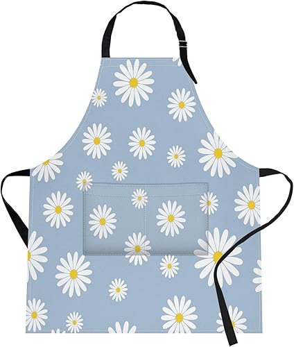 Britimes Delantal de cocina para el hogar, cocina, horneado, jardinería, para mujeres y hombres, con bolsillos, margaritas azules, cielo, 32 x 28