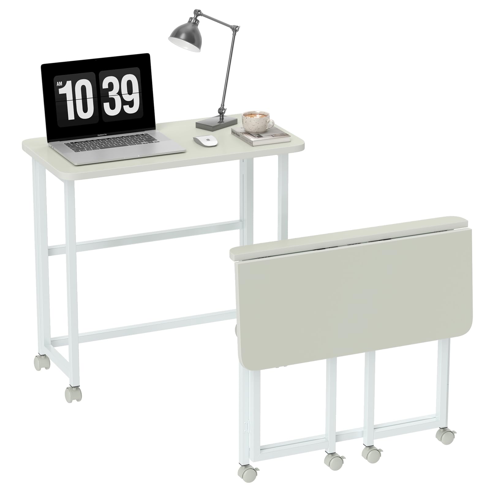 bimiti Escritorio plegable portátil con ruedas, mesa plegable para ordenador portátil, plegable, pequeña mesa para ordenador, mesa de oficina para casa y oficina, 80 x 40 x 75 cm, color blanco