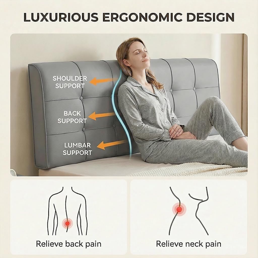 Wall Headboard Pillow Universal Fit - Premium Flannel Ergonomic Back Support with Side Pocket, Tool-Free Installation for Dorms/Bedrooms/RVs (Gray, Full (47 in x 24 in x 4 in))