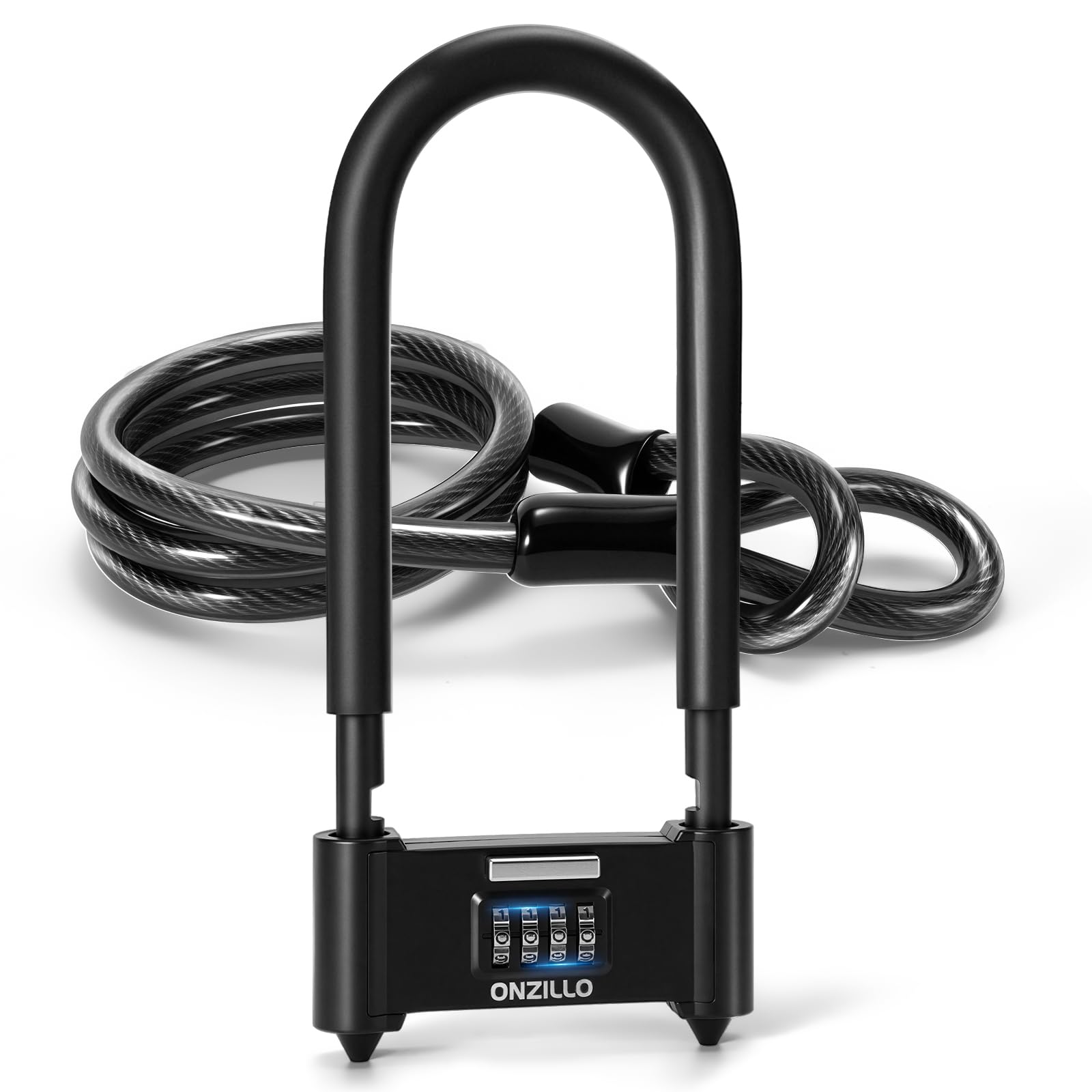 ONZILLO Bike Lock, Heavy Duty Bicycle Locks Anti Theft with Security Steel Cable, 4-Digit Resettable Combination U Lock 16.5mm Shackle, Combo Long Bike U Lock Keyless for Bike MTB Road Outdoor & Door