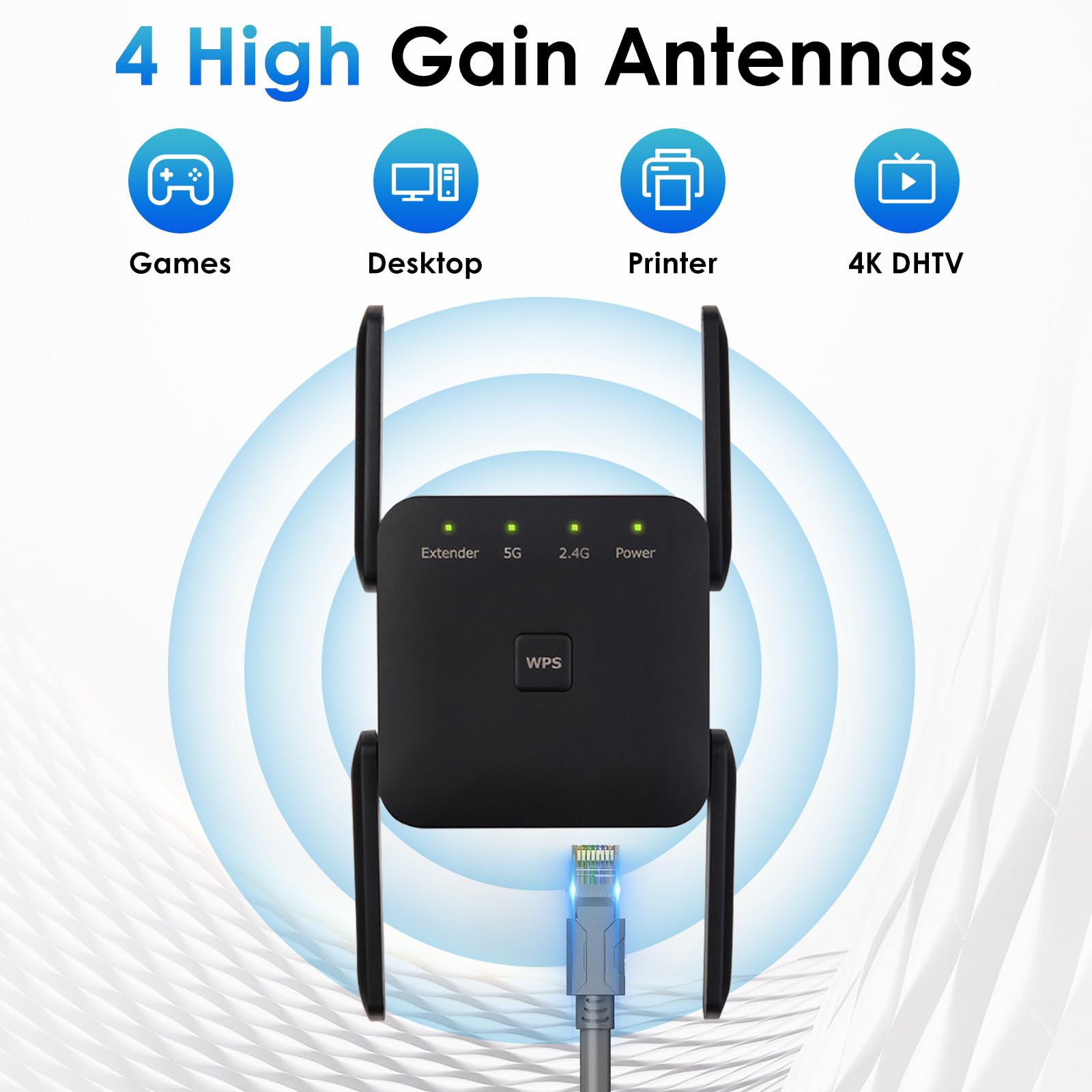 Wzmacniacz Wi-Fi 1200 Mbit/s, podwójny wzmacniacz 2,4 GHz + 5 GHz WiFi Booster z trybem repeatera/router/punktem dostępu, wysoka wydajność z 4 antenami, wzmacniacz rozszerzeń z portem LAN