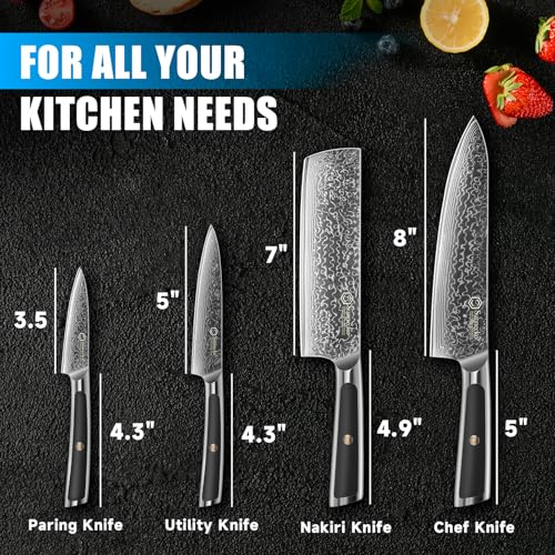 Image of Sunnecko Damascus Kitchen Knife Set 4 Piece, Sharp Chef Knife Set Professional Kitchen Knives Sets Full Tang with Gift Box