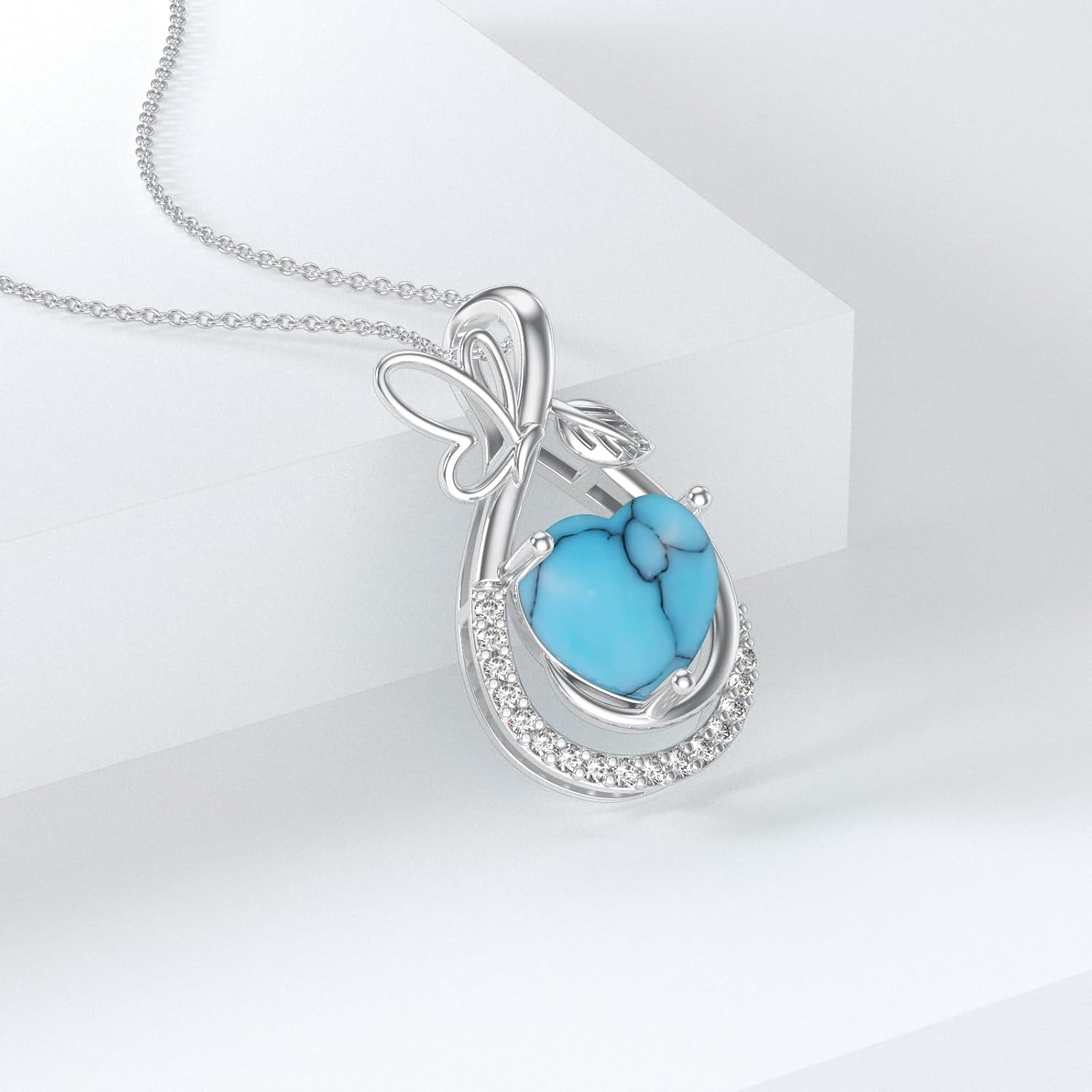 Sterling Silver Heart Turquoise Butterfly Pendant Necklace Moissanite Necklace Pendant for Women Jewelry Birthday Gift Valentine's Day Christmas - Image 3