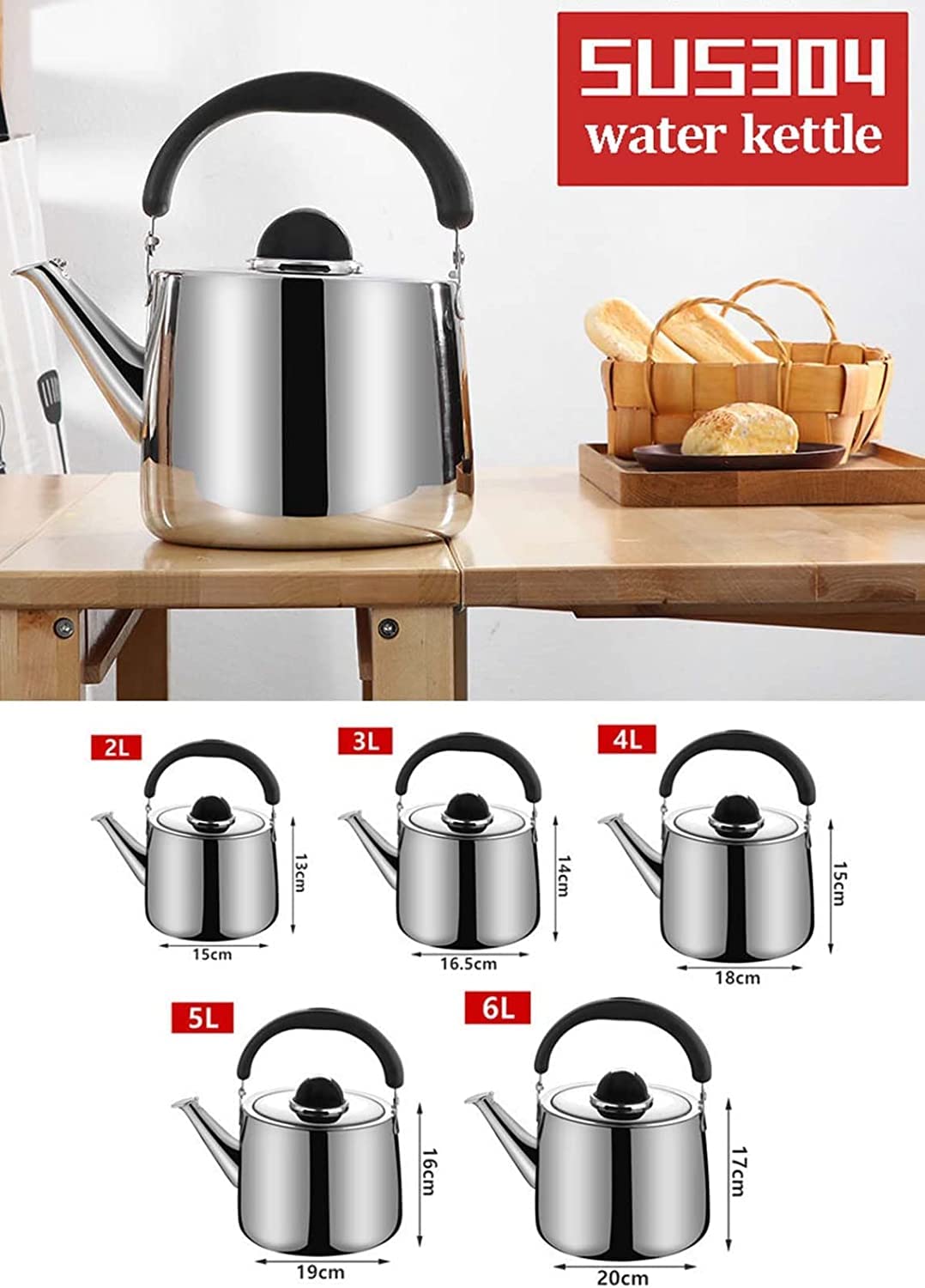 Tetera， Tetera Tetera for Cocina de Inducción Estufa de Gas Tetera con Mango de Baquelita Tetera(4L)