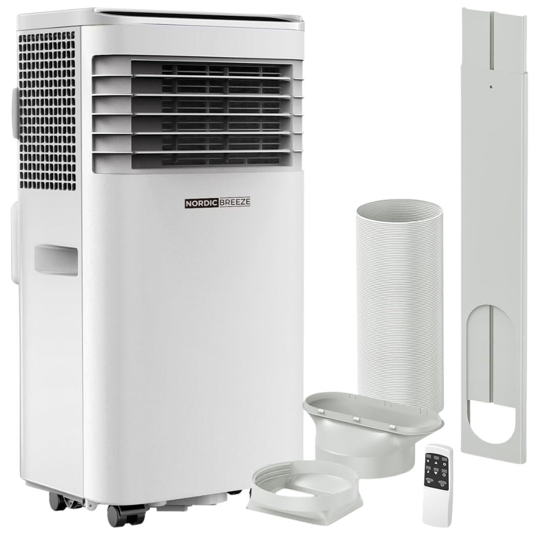 Nordic Breeze 5-in-1 Portable Air Conditioner 9,000 BTU: Cooling, Heating, Purifying, Dehumidifying | 24-Hr Timer, Remote, Includes Window Venting Kit | For Rooms up to 450 sq ft (41.8 m²) | White