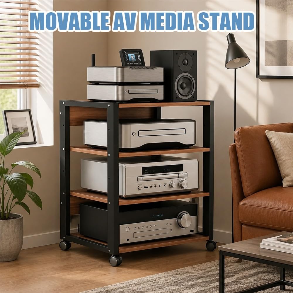 Soporte Multimedia AV Móvil Mueble Equipo HiFi Ajustables En Altura, Estante Medios Audio Video De 3 4 Capas, Gabinete De Almacenamiento HiFi(Black,3-Tier)