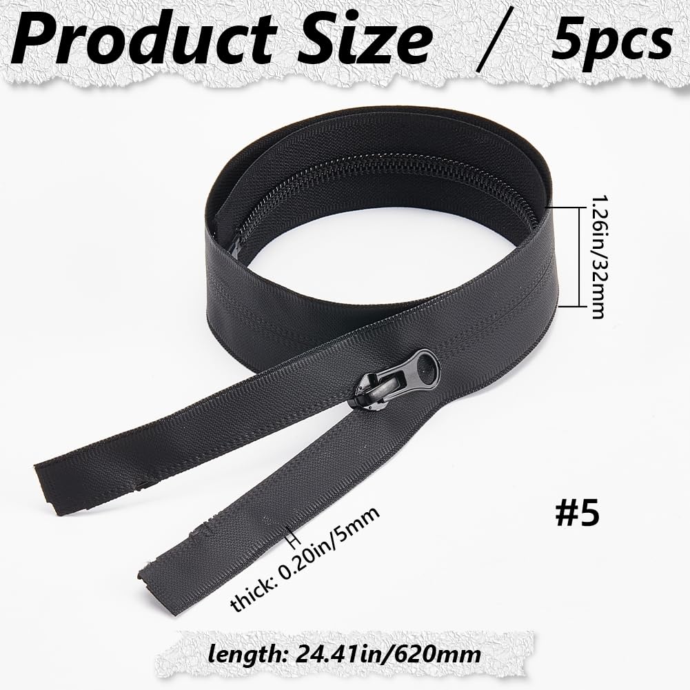 GORGECRAFT 5Pcs 62cm Waterproof Zippers Black #5 Nylon Coil Separating Zippers with Zipper Puller Sewer Tailor Tools for Sewing Crafts Clothes Jackets Bags Luggage Down Coats Raincoats - Image 2