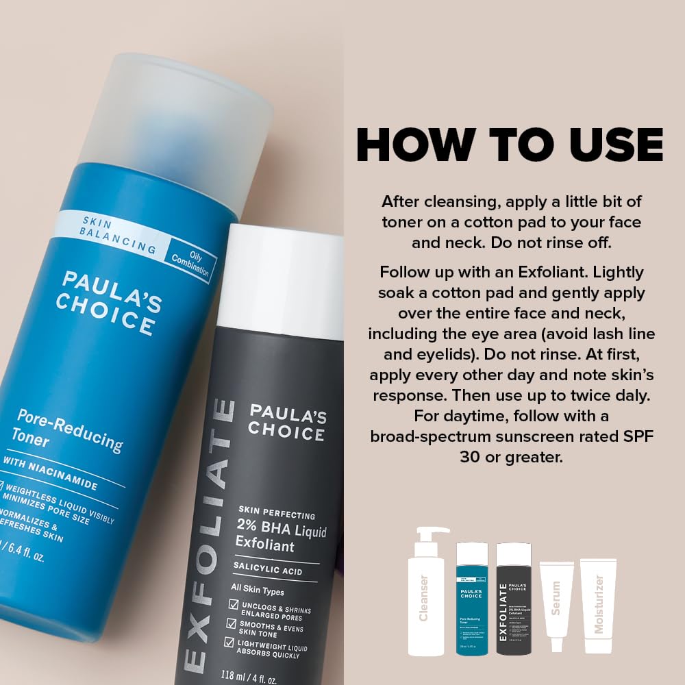 Paula's Choice PRZYWRÓĆ + WYCZYŚĆ - SKIN BALANCING Toner & 2% BHA Liquid Exfoliant - Odblokowuje Pory i Usuwa Zaskórniki - z Kwasem Salicylowym i Witaminą B3 - Skóra Mieszana i Tłusta
